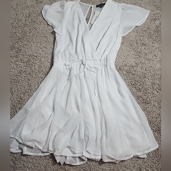 Francesca’s Mi Ami Gianne Godet White  Shiny Lined Wrap Mini Dress | Size Small. - Picture 4 of 12